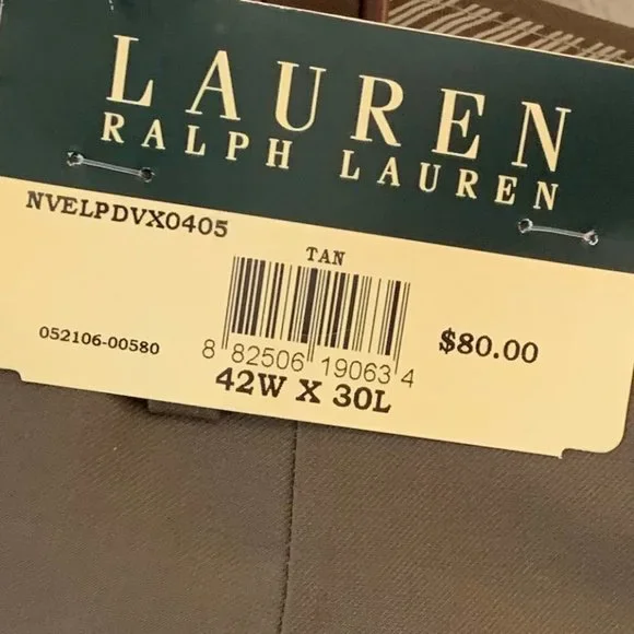 NWT Ralph Lauren Men’s Flat Front No Cuff Dress Pant, Color Tan 42wx30L Washable - Picture 9 of 12